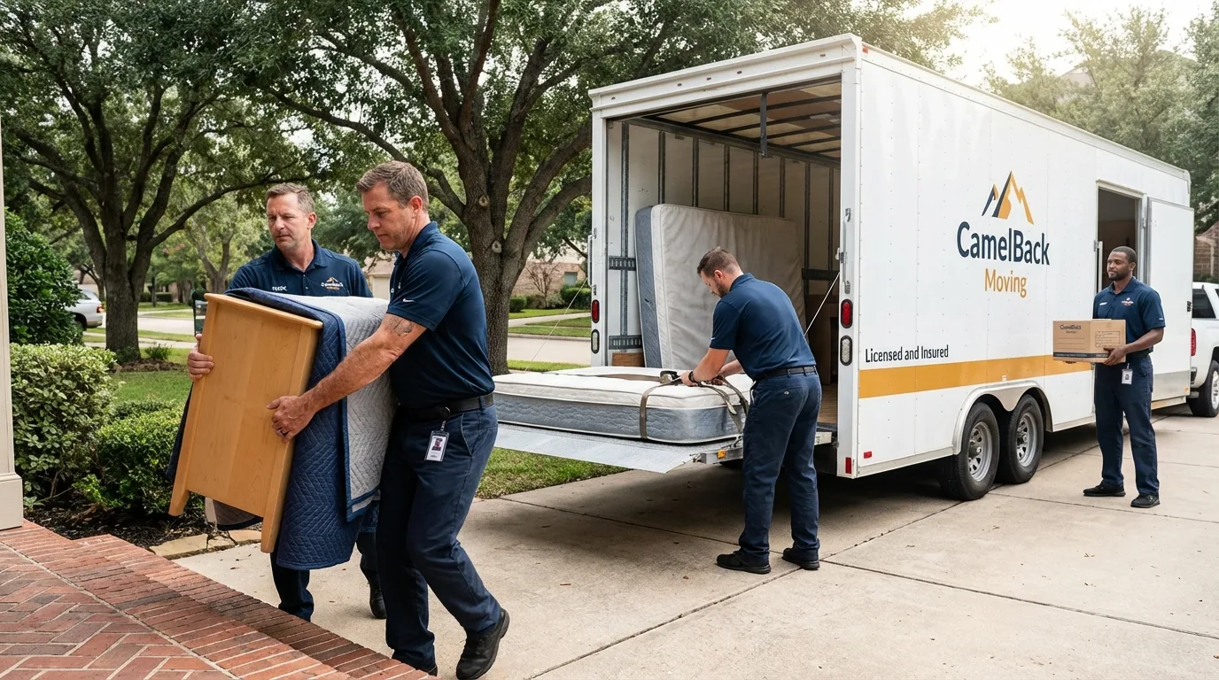 Crew loading residential truck for cross-state move from Cayuga, IN