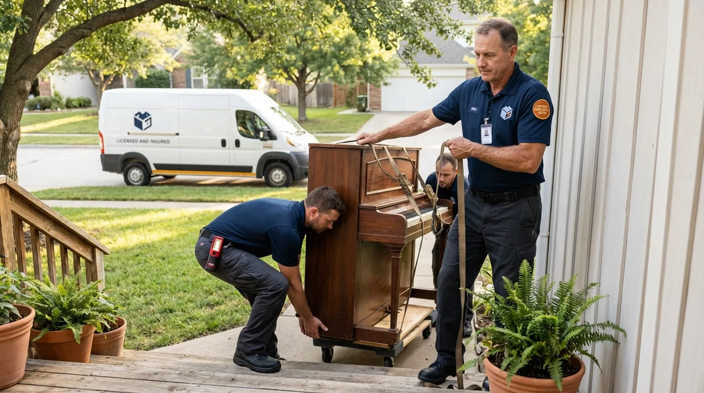 Licensed piano movers securing grand piano in Cayuga, IN