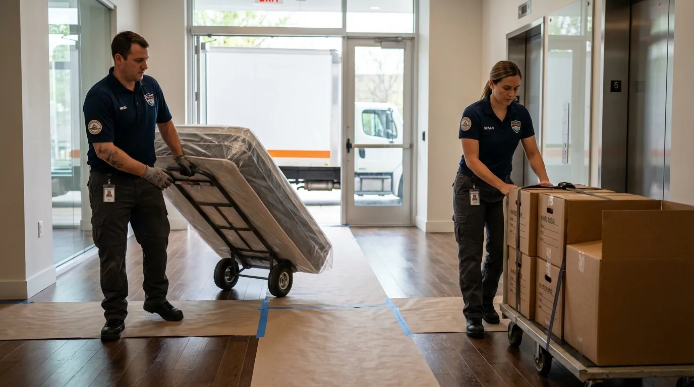 Professional apartment movers loading elevator in Cayuga, IN