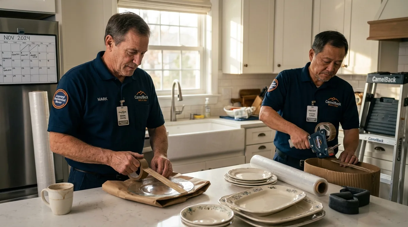 Professional crew packing kitchen dishware in Cayuga, IN